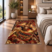 A decorative nutcracker soldier in an ornate red and blue uniform holds a golden sword within glowing spiral rings; rug shown in a neutral office with size label