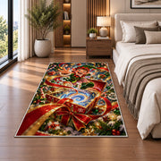 A cheerful elf rises above an open gift box spilling a blue and golden swirl; rug shown in a neutral office with size label