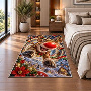 A playful reindeer with a bright red nose leaps forward above a snowy blue village; rug shown in a neutral office with size label