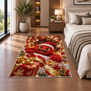 A friendly red furry monster wearing a Santa hat reaches through a glowing spiral of presents; rug shown in a neutral office with size label
