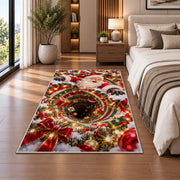 Santa appears above a deep red and green spiral edged with glowing golden lights; rug shown in a neutral office with size label