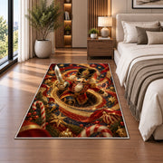 A red-uniformed nutcracker soldier holds a shining sword as it emerges from a golden spiral; rug shown in a neutral office with size label