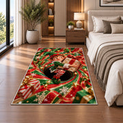 A smiling elf clutches a wrapped present while sitting inside a red and green spiral; rug shown in a neutral office with size label