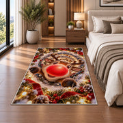 A cheerful reindeer with a large red nose peeks through snowy rings of golden lights; rug shown in a neutral office with size label