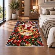 Santa rises above an open present filled with glowing golden spiral rings; rug shown in a neutral office with size label