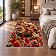 A happy golden puppy in a Santa hat and red sweater raises a soft paw toward the viewer; rug shown in a neutral office with size label