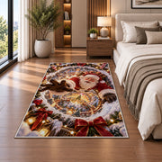 Santa reaches forward over a golden-lit winter village encircled by swirling snow; rug shown in a neutral office with size label