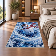 A smiling snowman in a black top hat and flowing red scarf stands within swirling snow; rug shown in a neutral office with size label