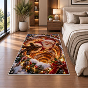 Santa Golden Tunnel Christmas Rug beside a white sofa