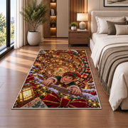 Christmas Elf Toy Workshop Rug beside a white sofa