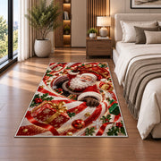 Santa Curved Candy Cane Christmas Rug beside a white sofa