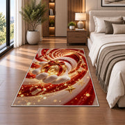 Santa Glove Golden Ornament Christmas Rug beside a white sofa