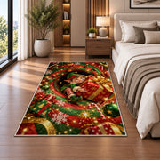 Christmas Elf Holding Gift Rug beside a white sofa