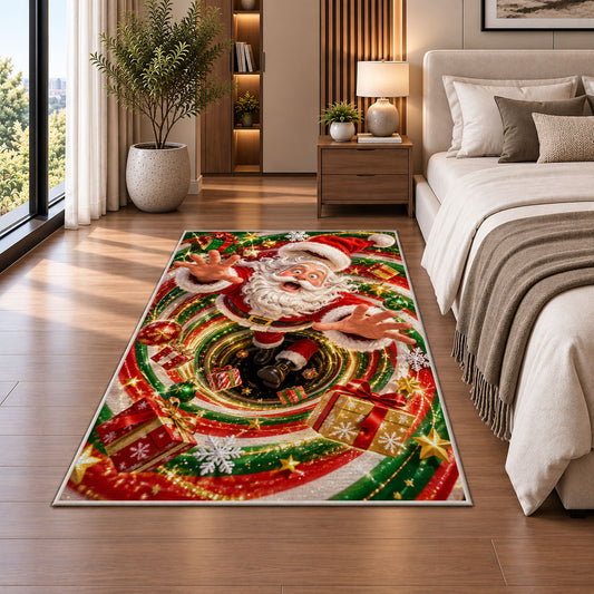 Cheerful Santa Christmas Rug beside a white sofa