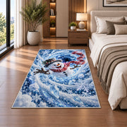Snowman Blue Snowflake Spiral Christmas Rug beside a white sofa