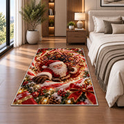 Santa Red Gold Christmas Spiral Rug beside a white sofa