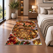 Christmas Elf Golden Workshop Spiral Rug beside a white sofa