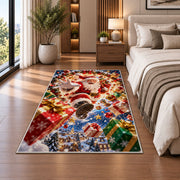 Santa Flying Presents Christmas Rug beside a white sofa
