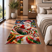 Santa Red Green Snow Spiral Christmas Rug beside a white sofa