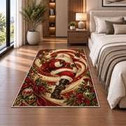 Santa swirl Christmas rug beside a white sofa