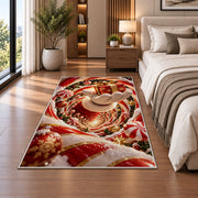 Golden Bell Christmas Rug beside a white sofa