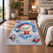 Cute Polar Bear Christmas Rug beside a white sofa