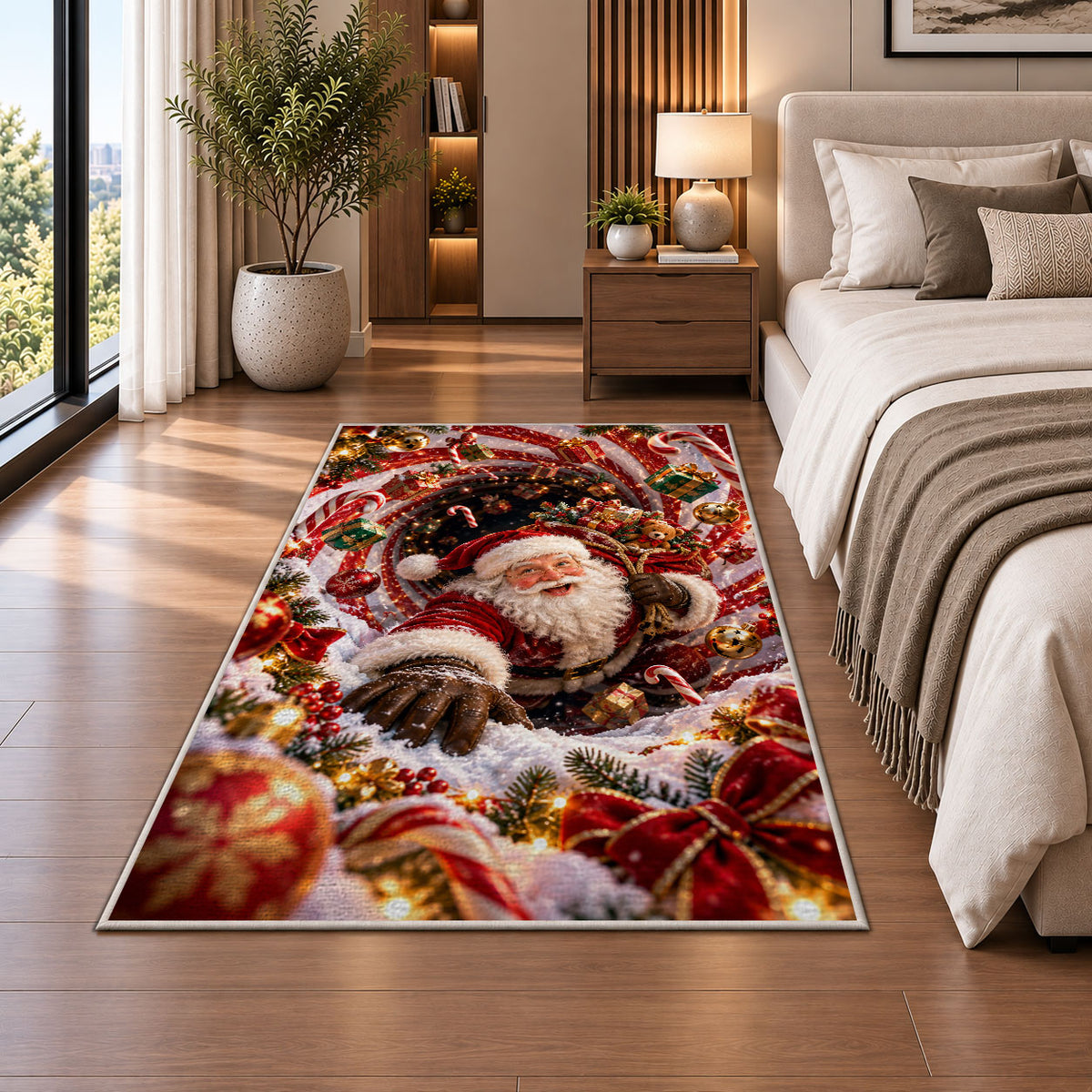Santa Christmas Rug beside a white sofa