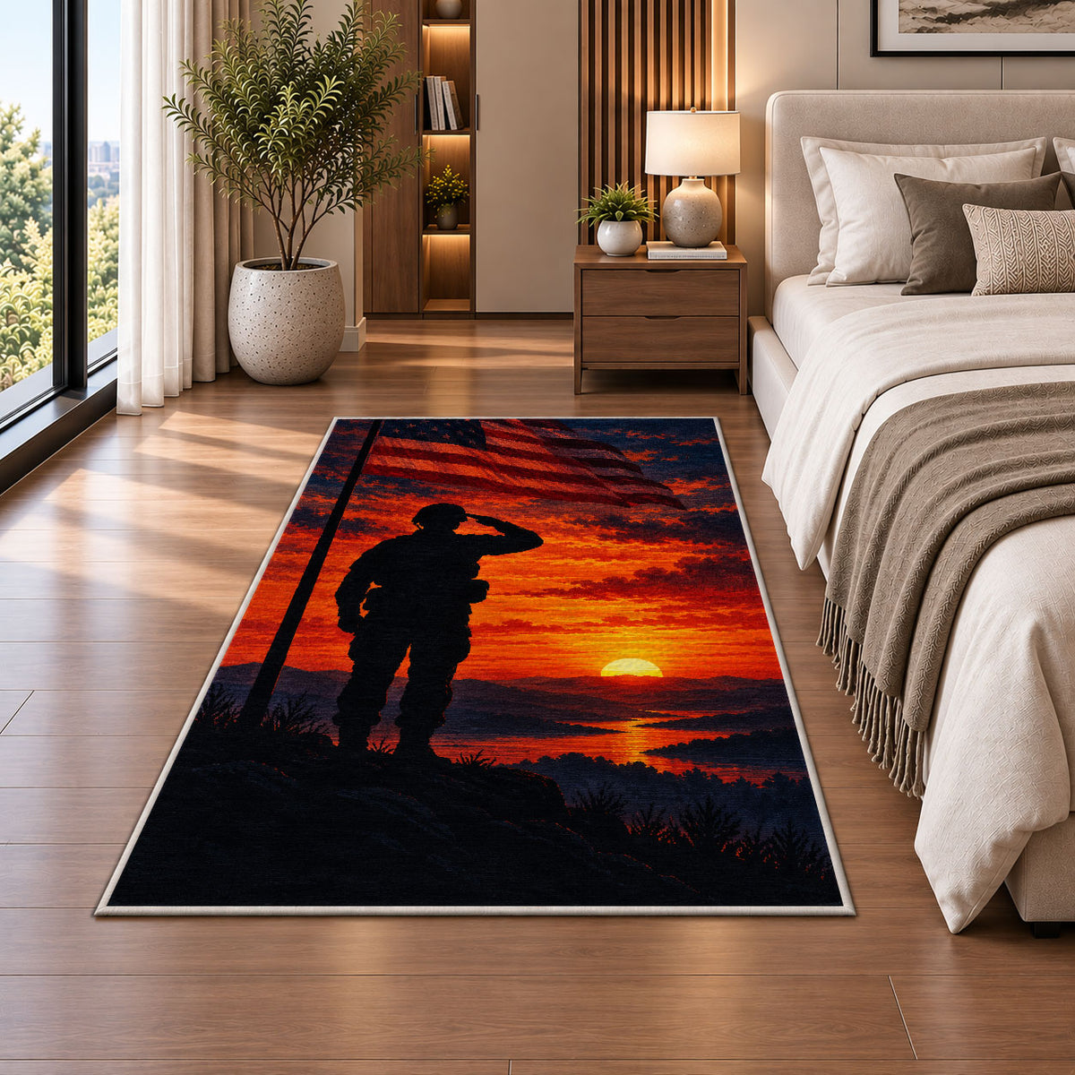 Soldier Salute Sunset rug in a bedroom beside the bed