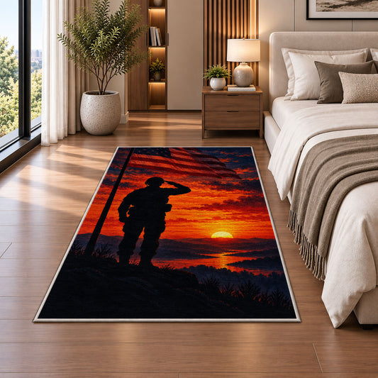 Soldier Salute Sunset rug in a bedroom beside the bed