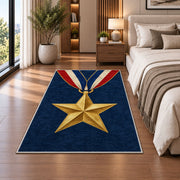 Gold Star Medal rug in a bedroom beside the bed
