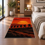 Soldiers March Sunset rug in a bedroom beside the bed