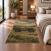 Vintage Military Jeep rug in a bedroom beside the bed