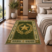 Gold Star Laurel rug in a bedroom beside the bed