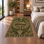 Military Tank Emblem rug in a bedroom beside the bed