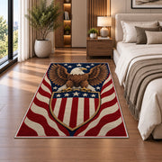 Patriotic Eagle Shield rug in a bedroom beside the bed