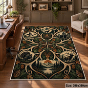 Deer Antler Woodland Emblem area rug in deep green, tan and brown, view 5