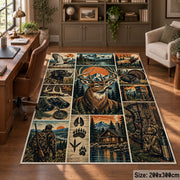 Deer Hunting Adventure Collage area rug in muted blue, tan and forest green, view 5