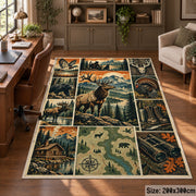Wildlife Hunting Camp Collage area rug in pine green, warm beige and orange, view 5