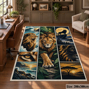 Lion Savanna Panel Collage area rug in gold, olive and midnight blue, view 5