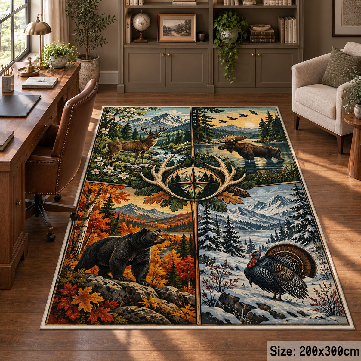 Four Season Hunting Wildlife area rug in autumn orange, snow blue and forest green, view 5