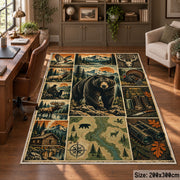 Bear and Deer Woodland Collage area rug in olive green, brown and cream, view 5