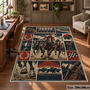 Galloping Racehorses and Track Panels area rug in muted red, navy and sepia, view 5