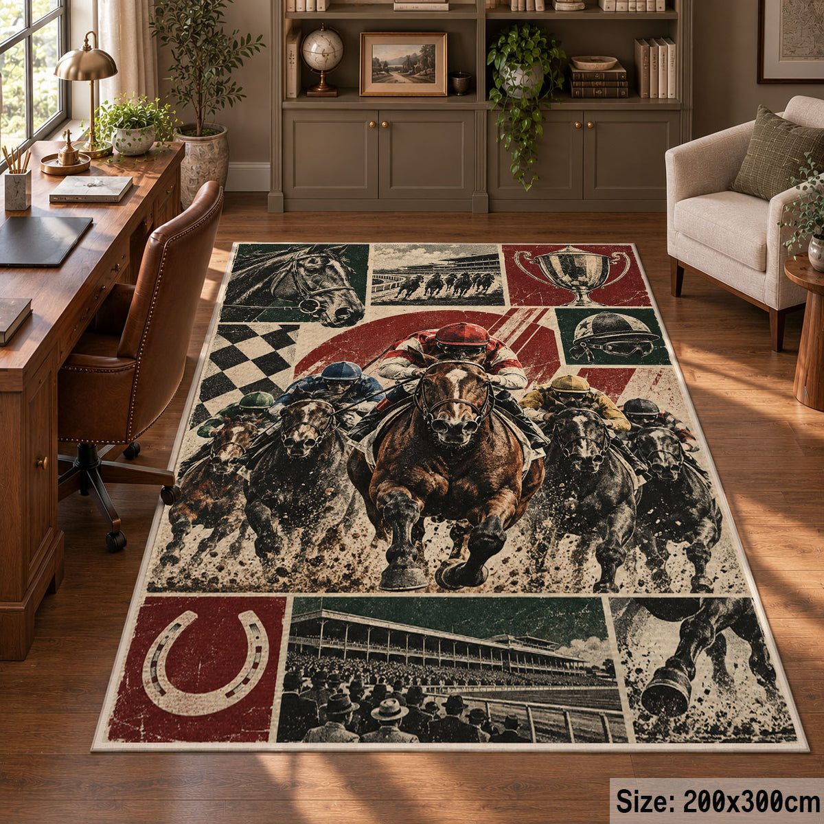 Horse Racing Trophy Collage area rug in cream, burgundy and charcoal, view 5
