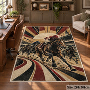 Racehorses and Sunburst Track area rug in warm ochre, burgundy and slate, view 5