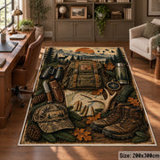 Hunting Boots and Woodland Gear area rug in earth brown, olive and tan, view 5