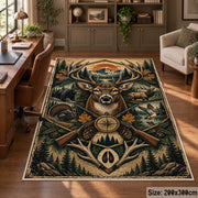 Deer Antler Compass Emblem area rug in pine green, tan and copper, view 5