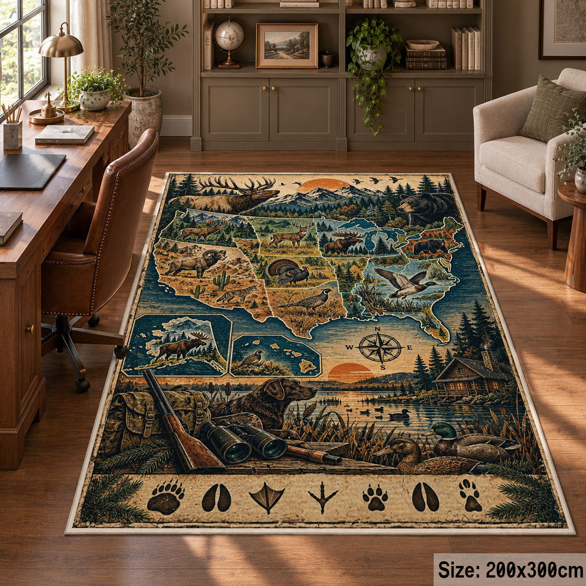 Wilderness Landscape Map area rug in muted blue, tan and green, view 5