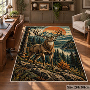 Stag in a Pine Forest area rug in sunset orange, forest green and tan, view 5