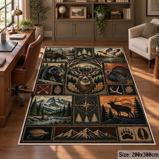 Woodland Hunting Camp Grid area rug in warm brown, sage and charcoal, view 5