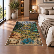 Kingdom map rug with castle, mountain peaks, forests, and lake in a bedroom beside a bed